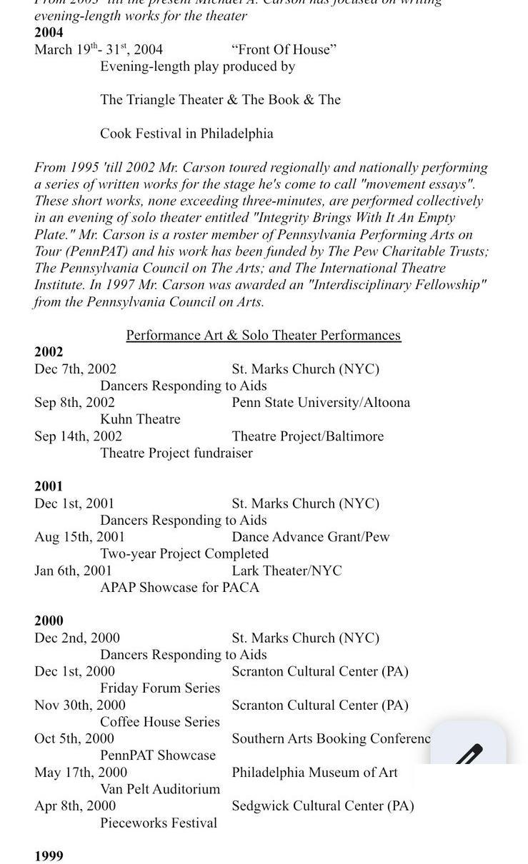 Carson's CV: biography note, performance itinerary, 2004–1999.
