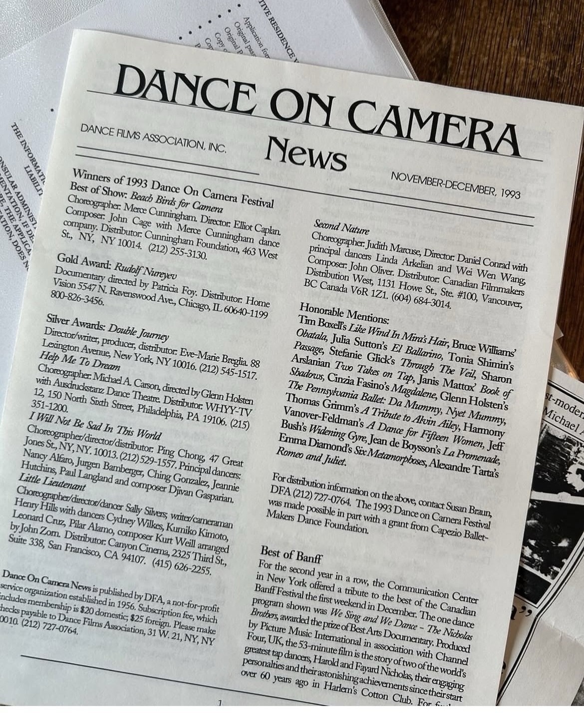 Dance on Camera News page announcing the Silver Award for Help Me To Dream in 1993