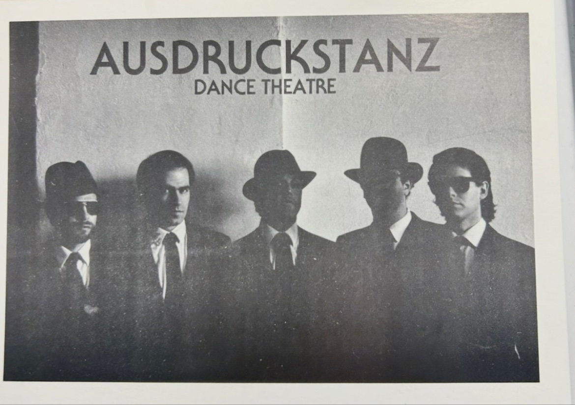 Five performers in suits and hats beneath the words Ausdruckstanz Dance Theatre in an early publicity photograph for Privatleben