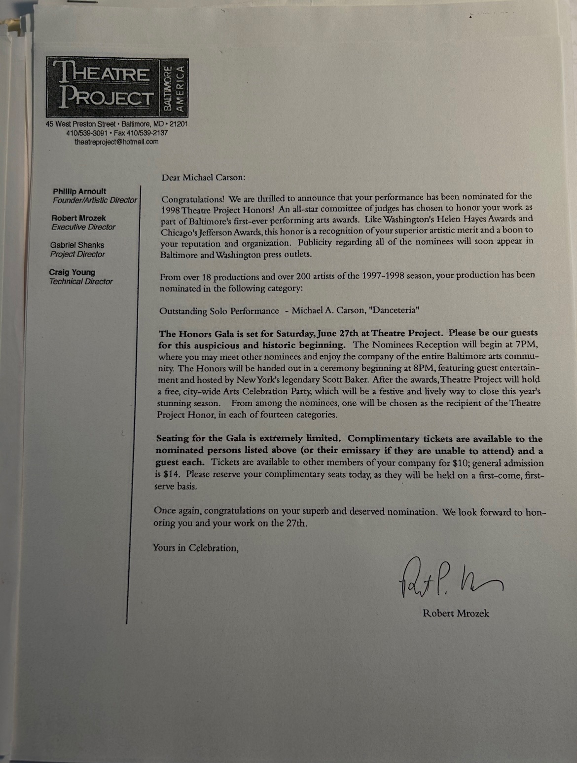 Theatre Project letter to Michael A. Carson nominating Danceteria for Outstanding Solo Performance in the 1998 Theatre Project Honors
