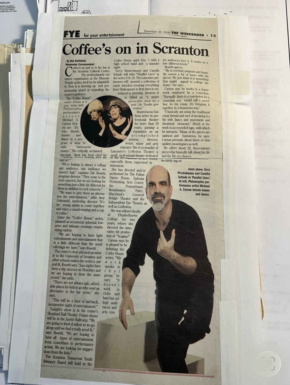 The Weekender article Coffee's on in Scranton about Michael A. Carson, November 30, 2000